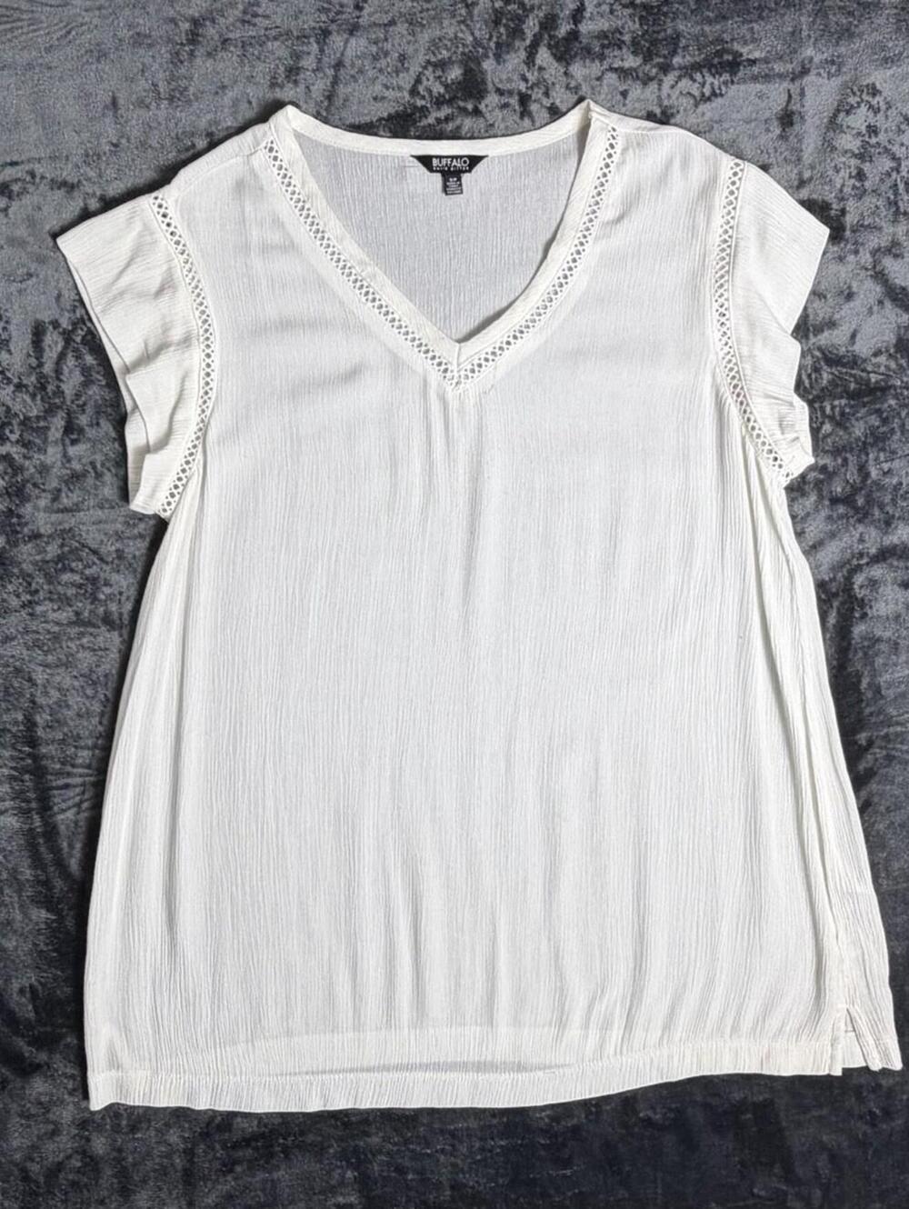 Buffalo David Bitton Womens Small White Lace Trim V-Neck Blouse Boho Gauze Top